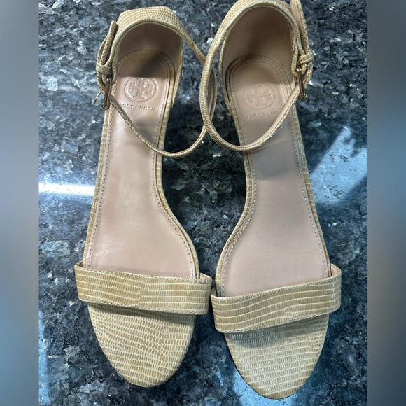Tory Burch Brown Beige Ankle Strap Open Toe Wedges Women’s Size 9.5 - Picture 2 of 12